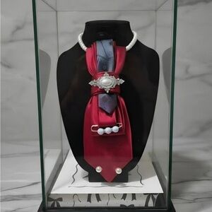 Bold Satin Cranberry Red Necktie Necklace with Pearl Gold Accents